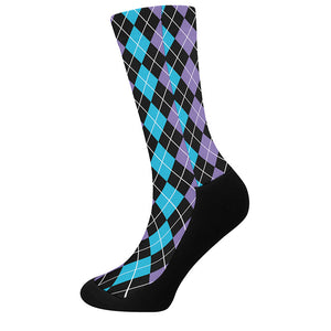 Black Purple And Blue Argyle Print Crew Socks