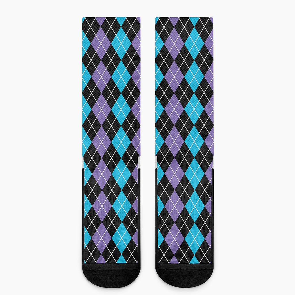 Black Purple And Blue Argyle Print Crew Socks