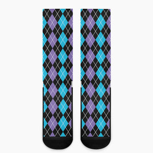 Black Purple And Blue Argyle Print Crew Socks