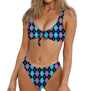 Black Purple And Blue Argyle Print Front Bow Tie Bikini