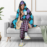 Black Purple And Blue Argyle Print Hooded Blanket