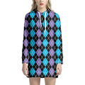 Black Purple And Blue Argyle Print Pullover Hoodie Dress