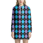 Black Purple And Blue Argyle Print Hoodie Dress