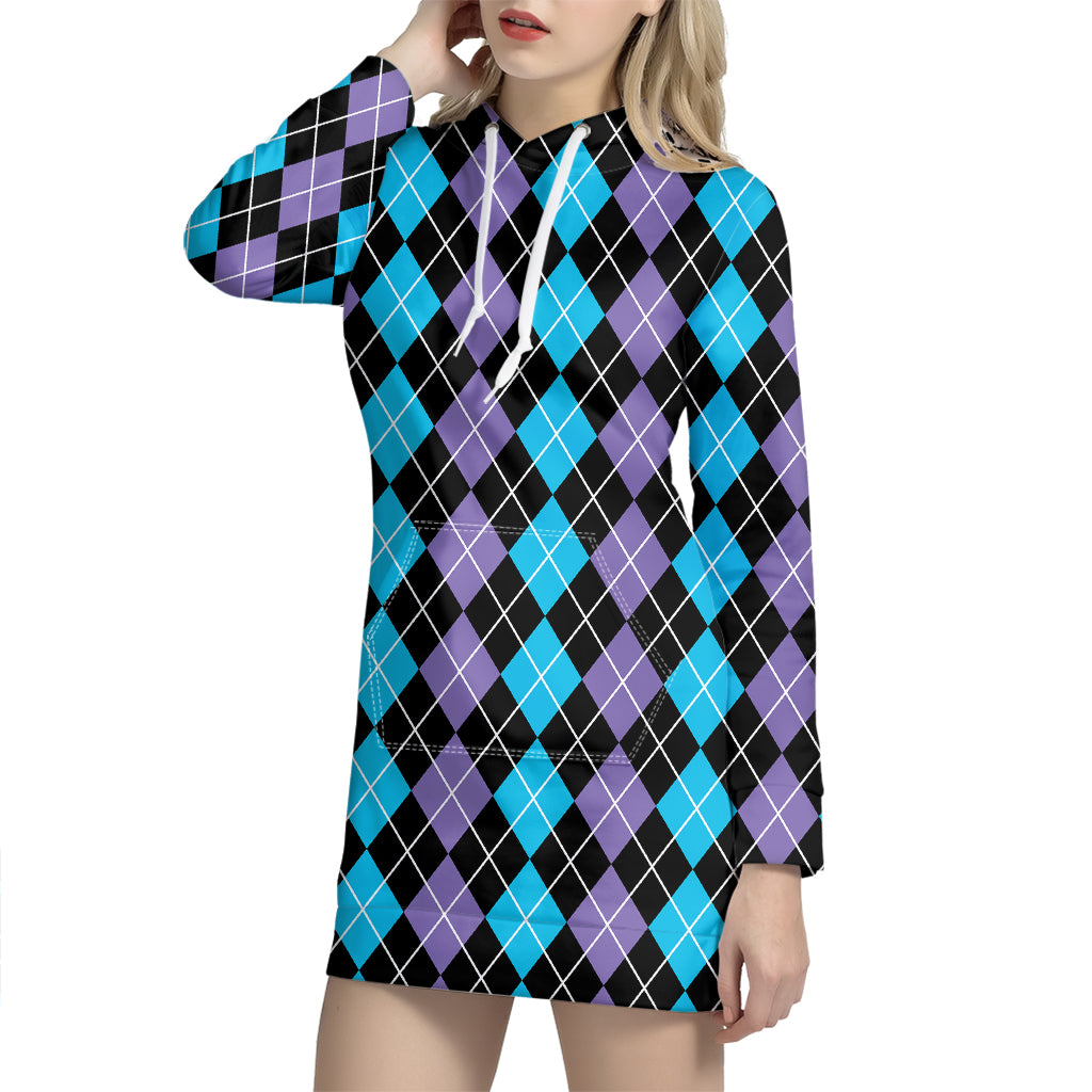 Black Purple And Blue Argyle Print Hoodie Dress