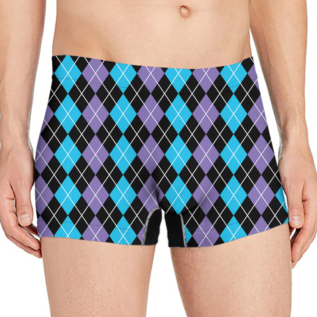 Black Purple And Blue Argyle Print Men's Boxer Briefs