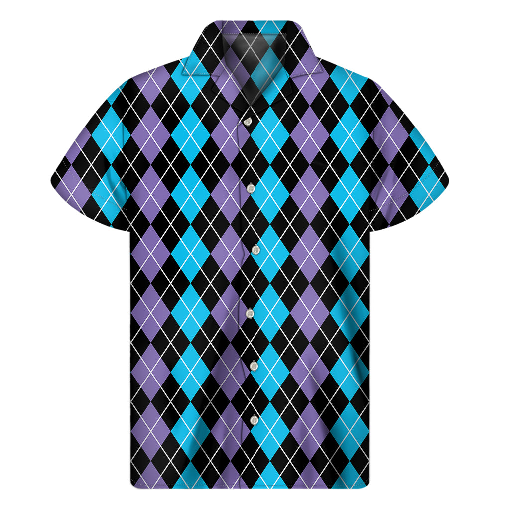 Black Purple And Blue Argyle Print Men's Short Sleeve Shirt