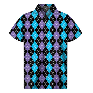 Black Purple And Blue Argyle Print Men's Short Sleeve Shirt