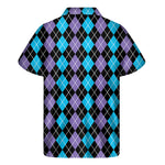 Black Purple And Blue Argyle Print Men's Short Sleeve Shirt