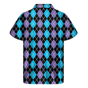 Black Purple And Blue Argyle Print Men's Short Sleeve Shirt