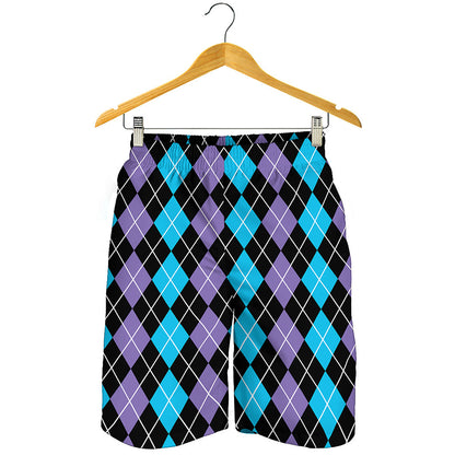 Black Purple And Blue Argyle Print Men's Shorts