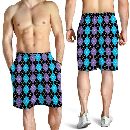 Black Purple And Blue Argyle Print Men's Shorts