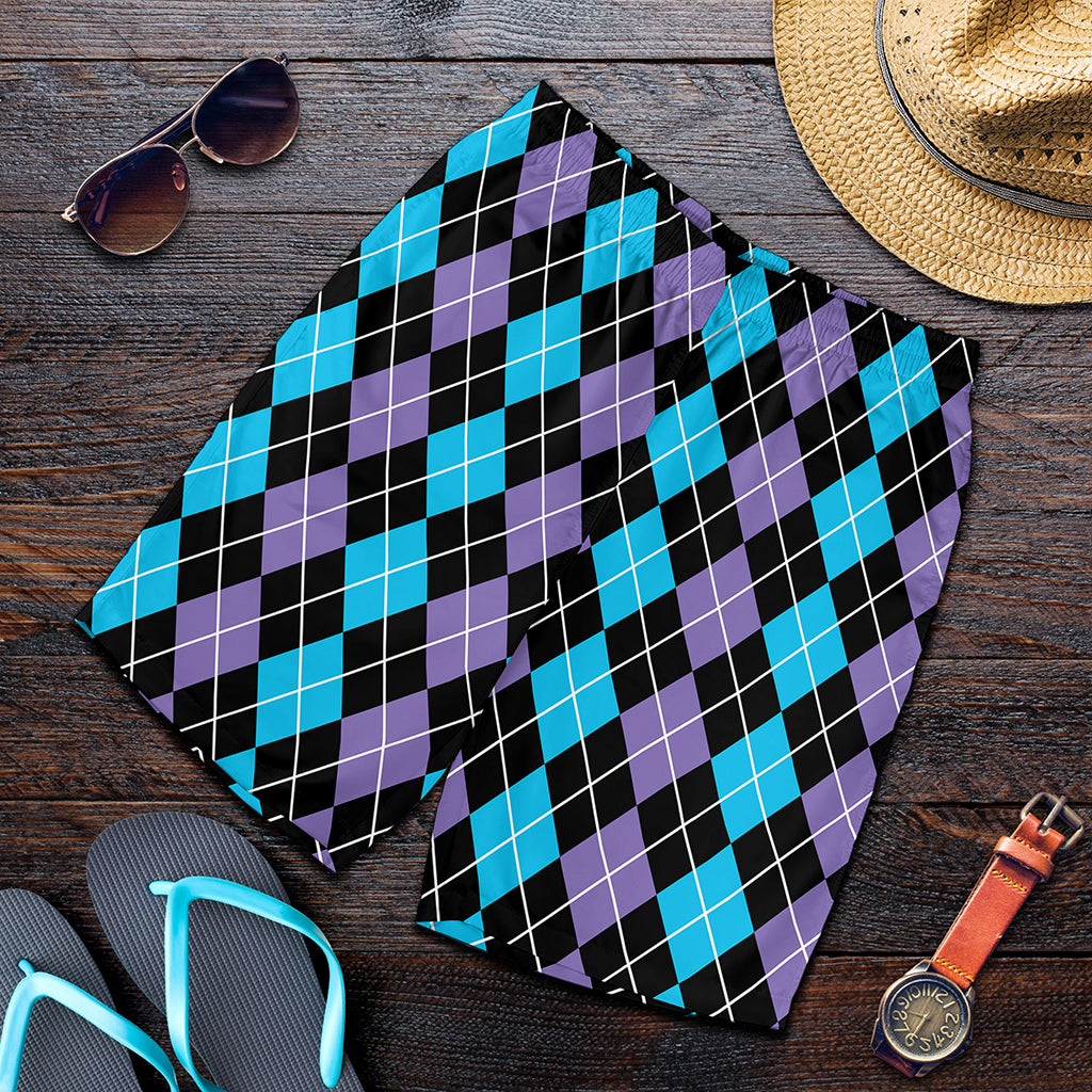 Black Purple And Blue Argyle Print Men's Shorts