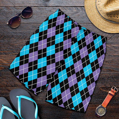 Black Purple And Blue Argyle Print Men's Shorts