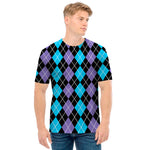 Black Purple And Blue Argyle Print Men's T-Shirt