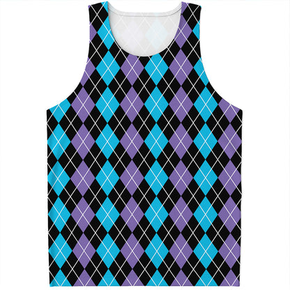 Black Purple And Blue Argyle Print Men's Tank Top