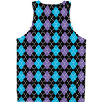 Black Purple And Blue Argyle Print Men's Tank Top