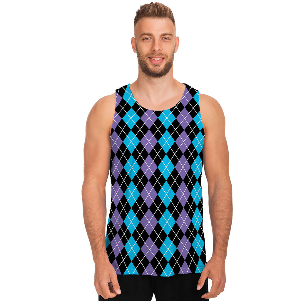 Black Purple And Blue Argyle Print Men's Tank Top