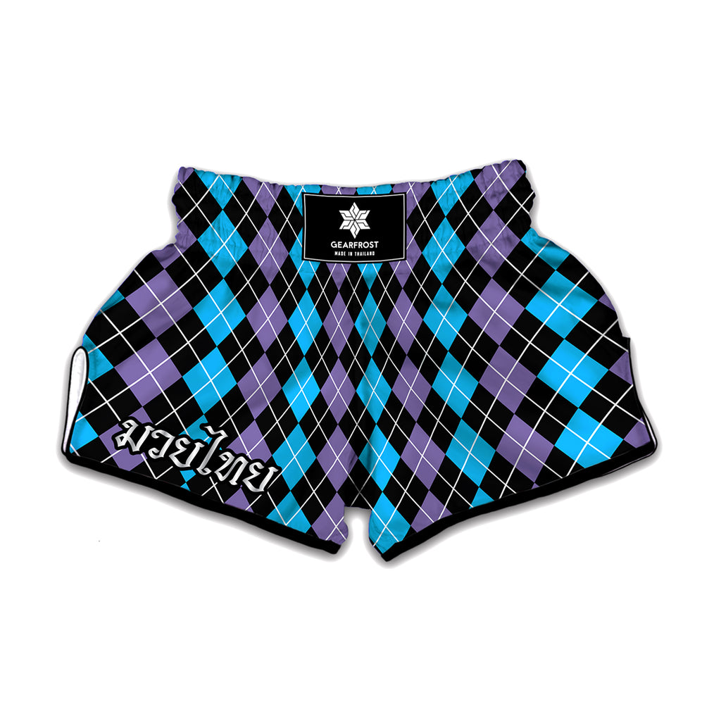 Black Purple And Blue Argyle Print Muay Thai Boxing Shorts