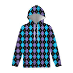 Black Purple And Blue Argyle Print Pullover Hoodie