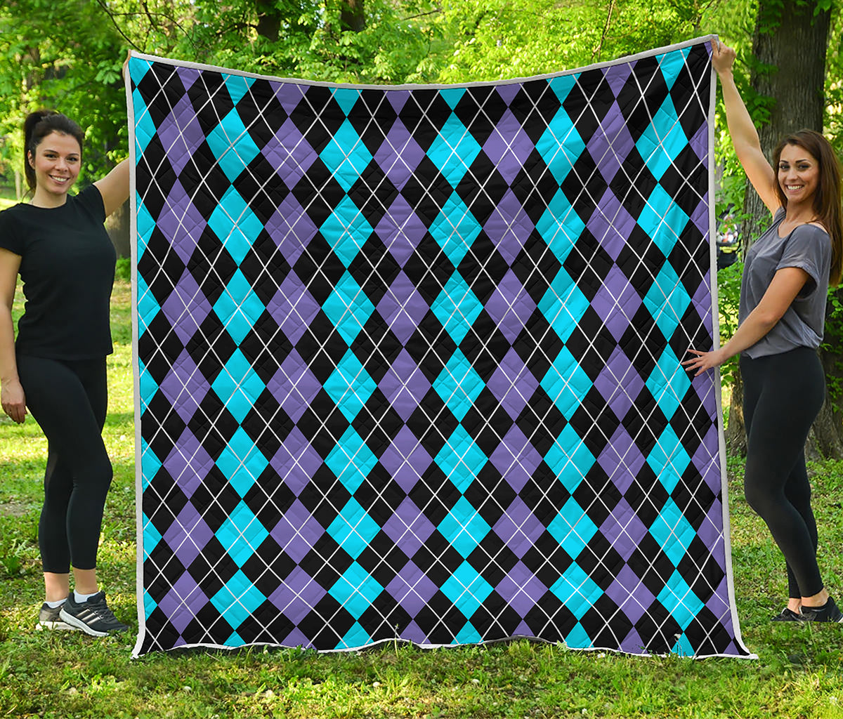 Black Purple And Blue Argyle Print Quilt