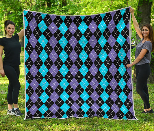 Black Purple And Blue Argyle Print Quilt