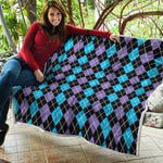 Black Purple And Blue Argyle Print Quilt