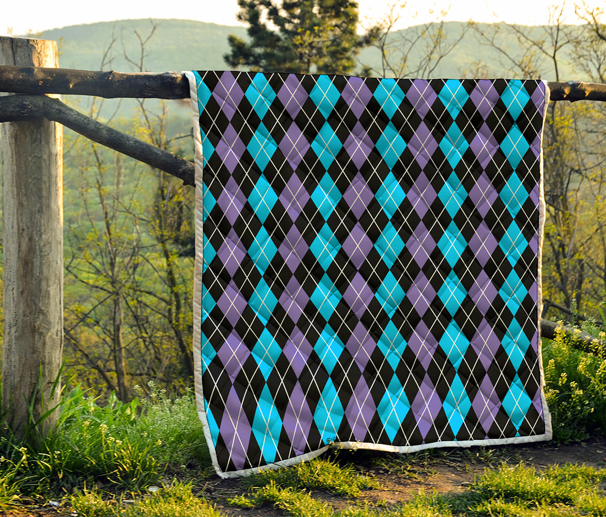 Black Purple And Blue Argyle Print Quilt