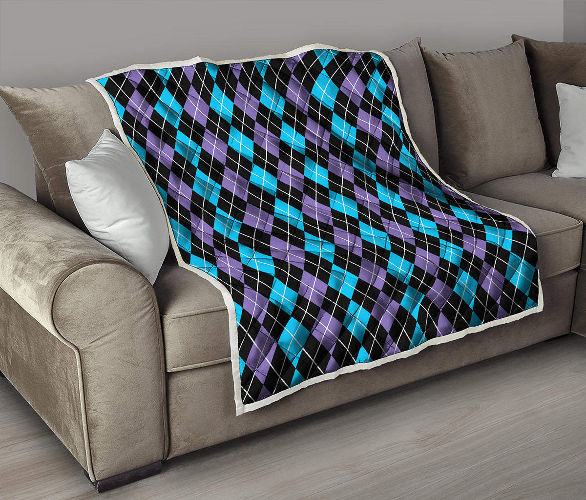 Black Purple And Blue Argyle Print Quilt