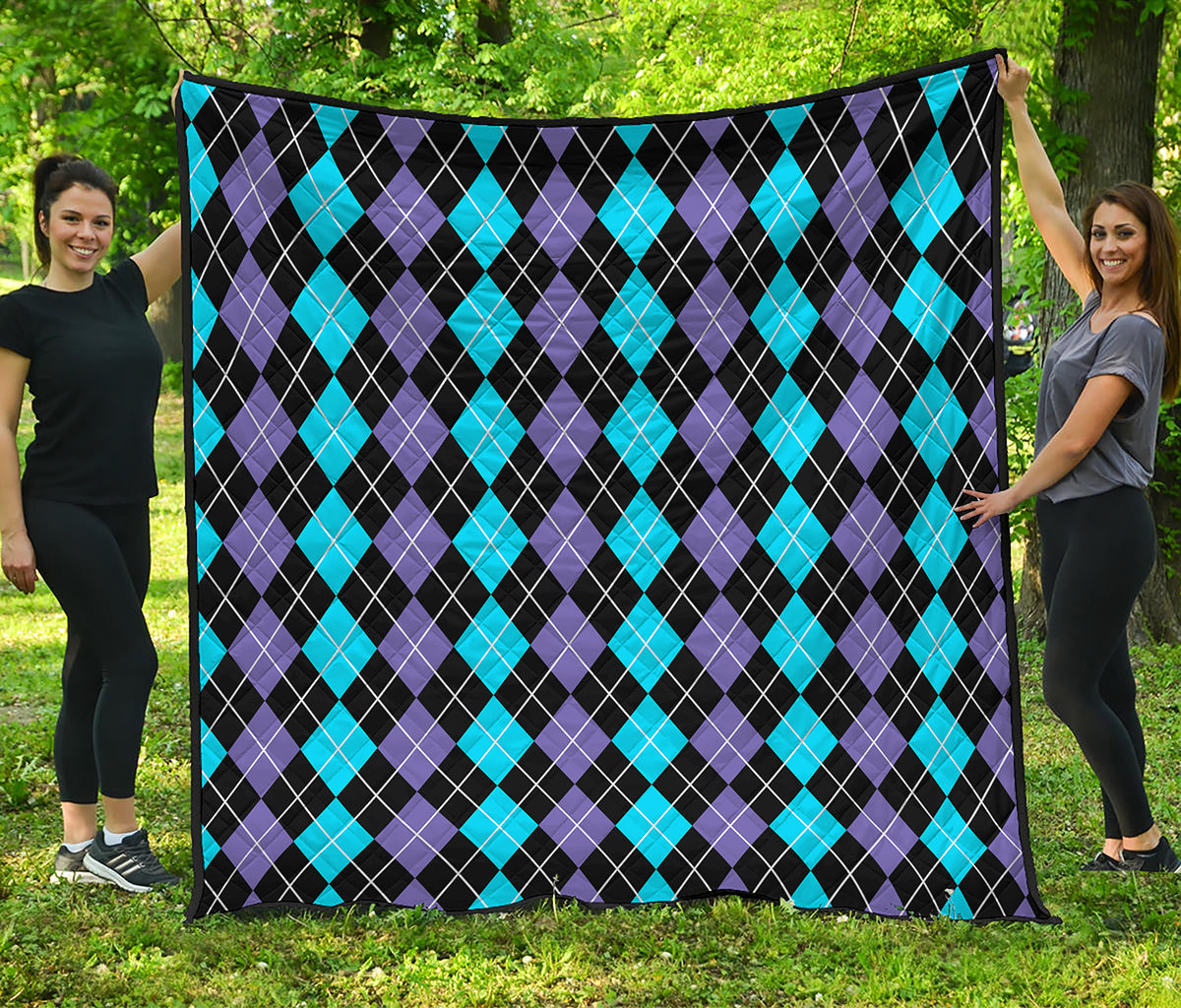 Black Purple And Blue Argyle Print Quilt
