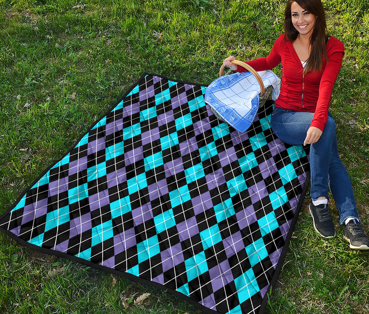 Black Purple And Blue Argyle Print Quilt
