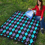 Black Purple And Blue Argyle Print Quilt