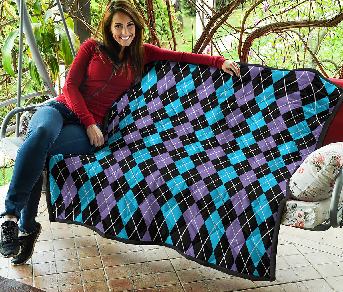 Black Purple And Blue Argyle Print Quilt