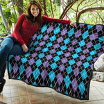 Black Purple And Blue Argyle Print Quilt
