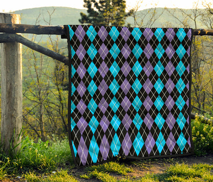 Black Purple And Blue Argyle Print Quilt