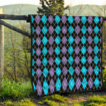 Black Purple And Blue Argyle Print Quilt