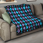 Black Purple And Blue Argyle Print Quilt