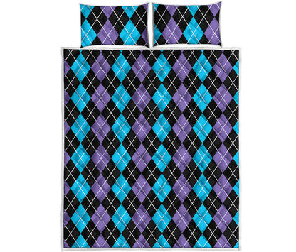 Black Purple And Blue Argyle Print Quilt Bed Set