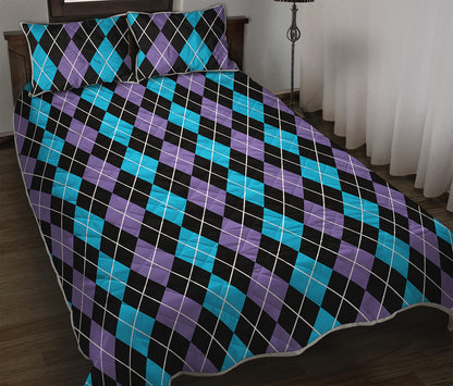 Black Purple And Blue Argyle Print Quilt Bed Set