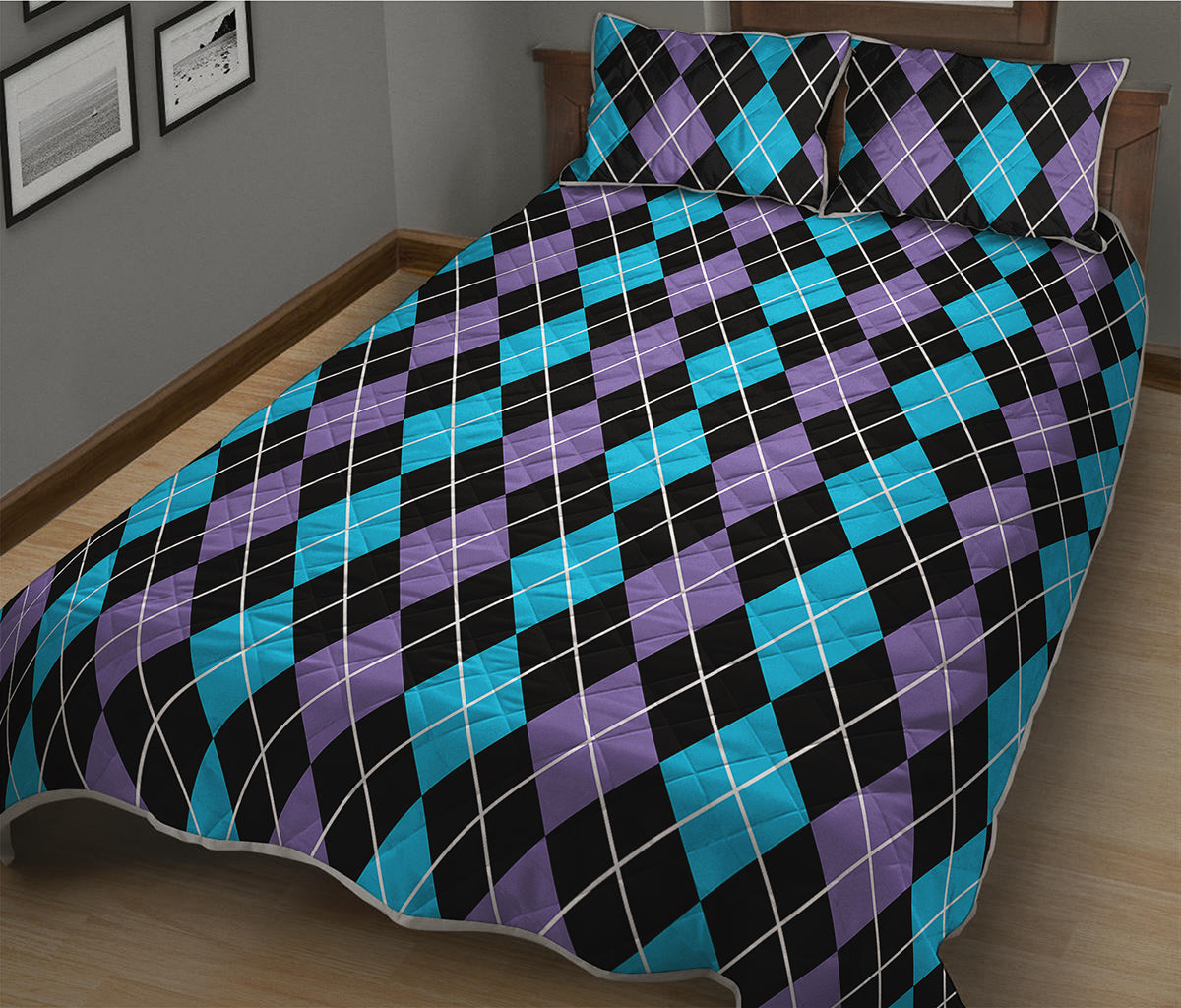 Black Purple And Blue Argyle Print Quilt Bed Set