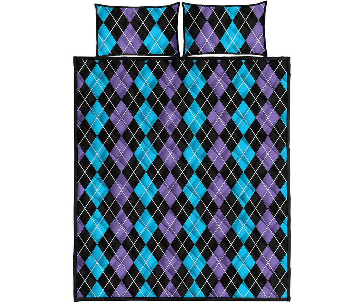 Black Purple And Blue Argyle Print Quilt Bed Set