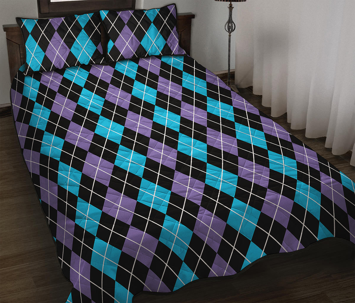 Black Purple And Blue Argyle Print Quilt Bed Set