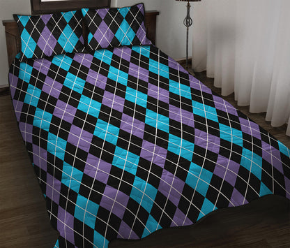 Black Purple And Blue Argyle Print Quilt Bed Set