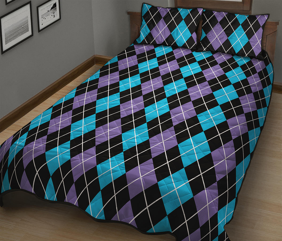 Black Purple And Blue Argyle Print Quilt Bed Set