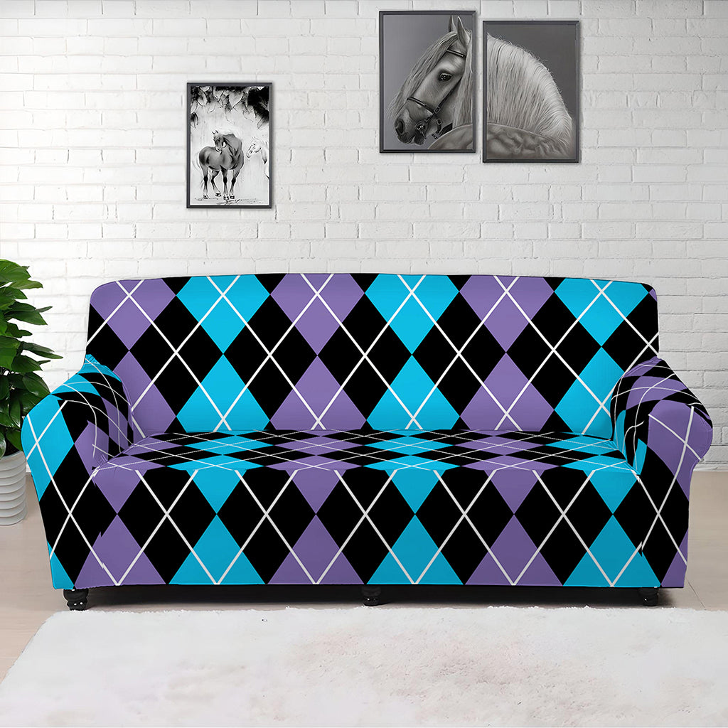Black Purple And Blue Argyle Print Sofa Cover