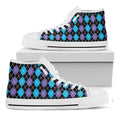 Black Purple And Blue Argyle Print White High Top Sneakers