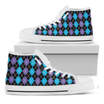 Black Purple And Blue Argyle Print White High Top Shoes