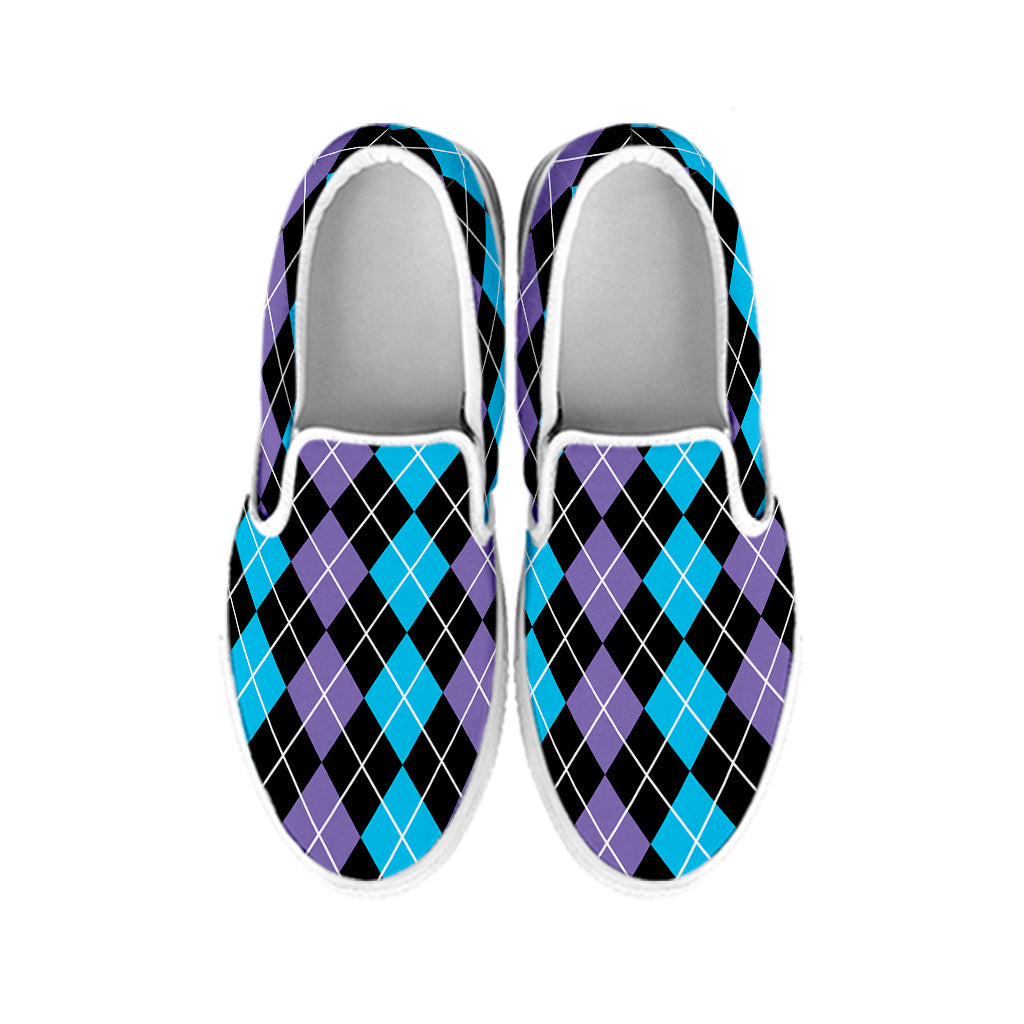 Black Purple And Blue Argyle Print White Slip On Shoes