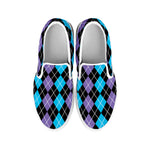 Black Purple And Blue Argyle Print White Slip On Shoes