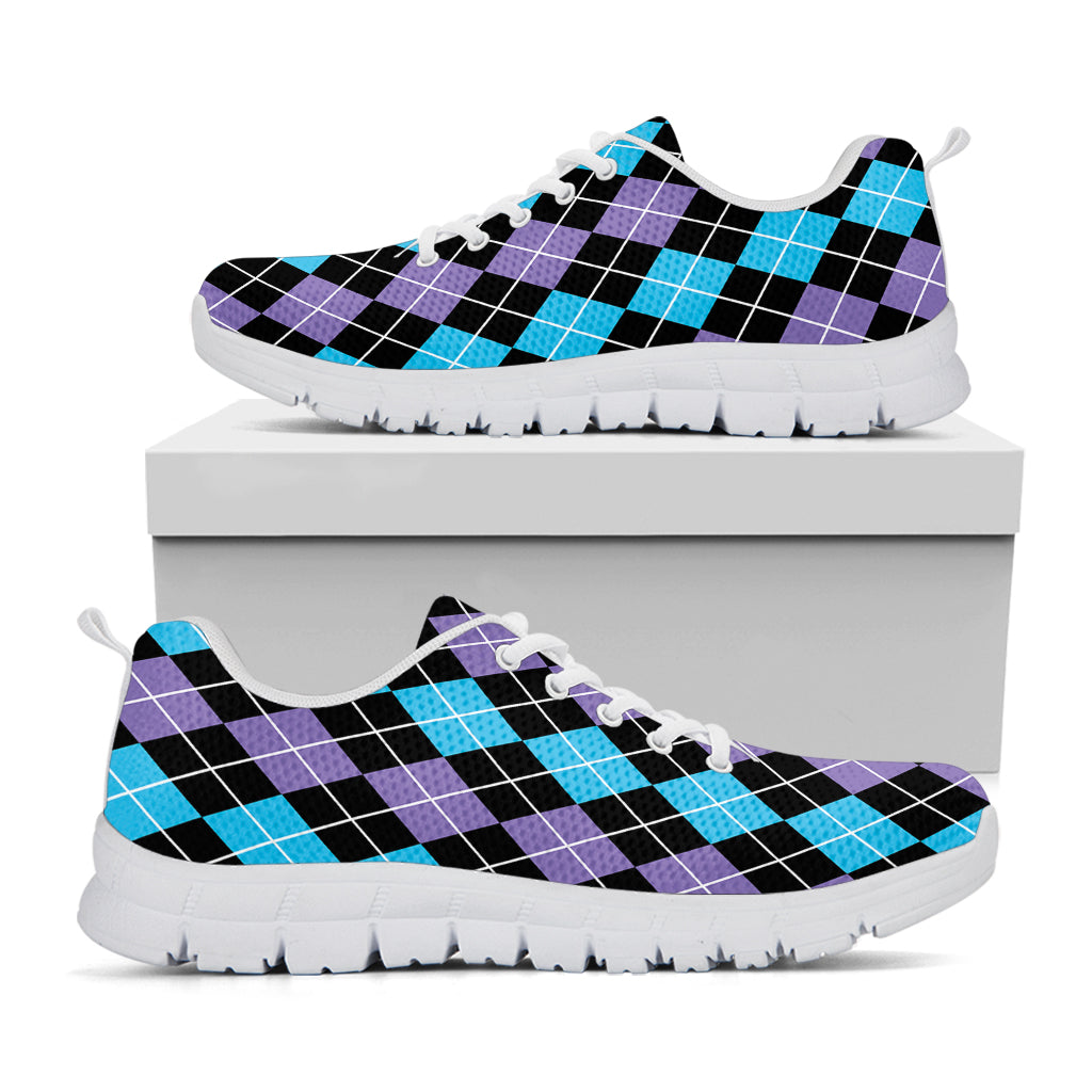 Black Purple And Blue Argyle Print White Sneakers