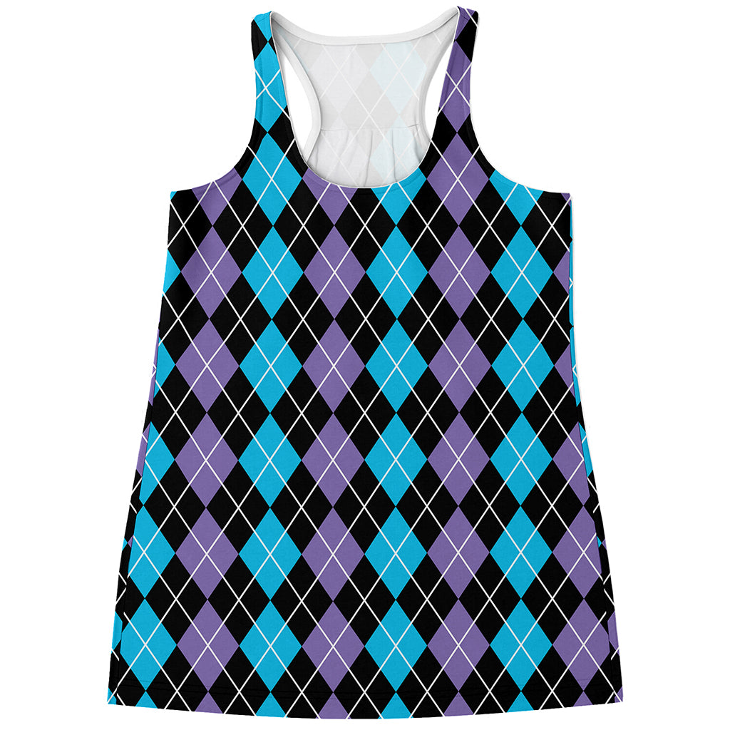 Black Purple And Blue Argyle Print Women's Racerback Tank Top